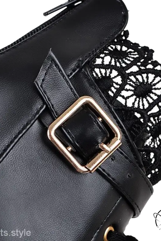 Black leather crossbody bag with gold buckle and lace trim for Lace Buckle Boots