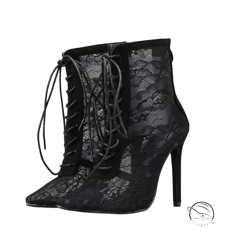 High boots floral: black lace ankle boots with high stiletto heel