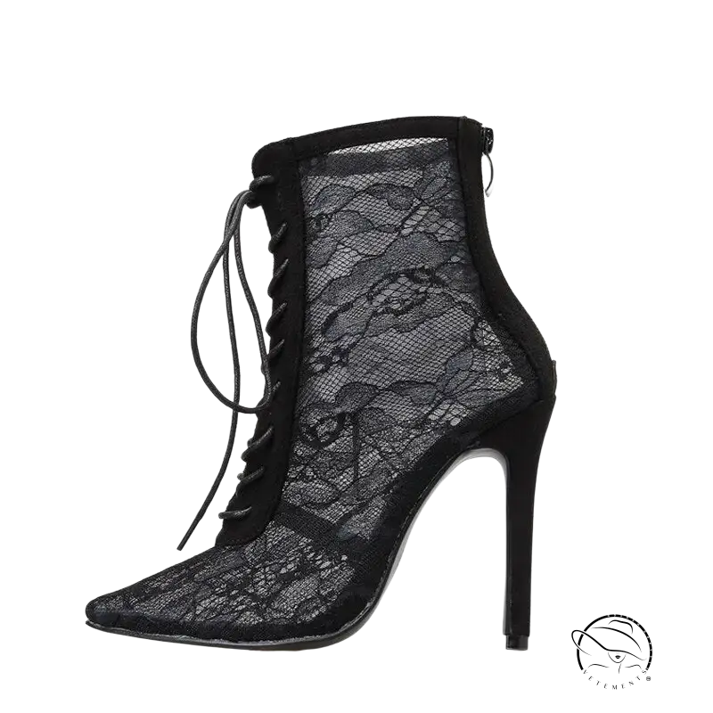 Black lace high heels ankle boot with suede trim in high boots floral