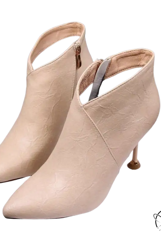 Beige leather pointed-toe ankle fashion European boots with slender heel