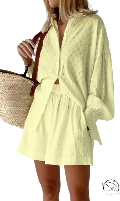 Light yellow textured linen French jacquard pajamas romper with button-up front and tied waist