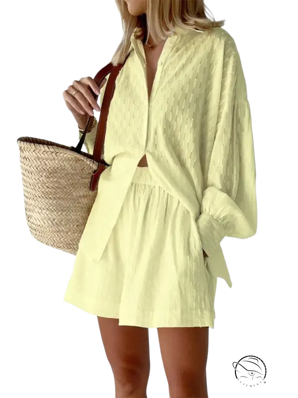 Light yellow textured linen French jacquard pajamas romper with button-up front and tied waist