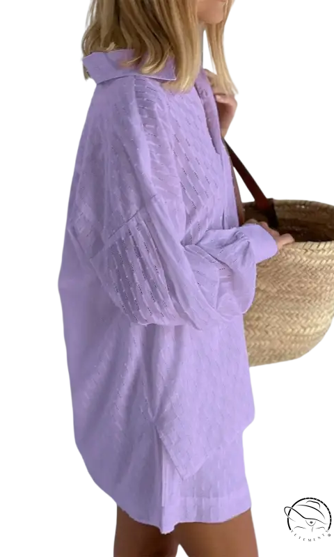 Lavender semi-sheer French jacquard pajamas button-up shirt