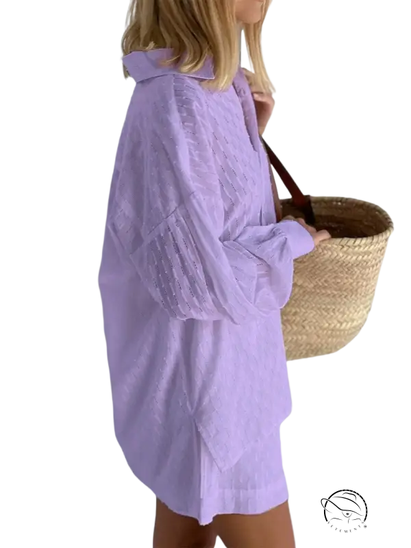 Lavender semi-sheer French jacquard pajamas button-up shirt