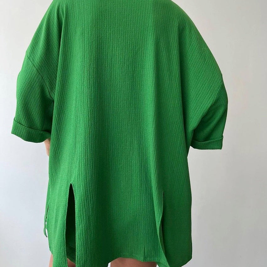 Green textured oversized shirt from COMFY LOOSE LOUNGEWEAR collection for relaxed style