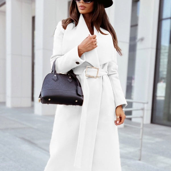 Elegant white belted coat featuring long sleeve button Woolen fabric from ELEGANT BUTTON COAT