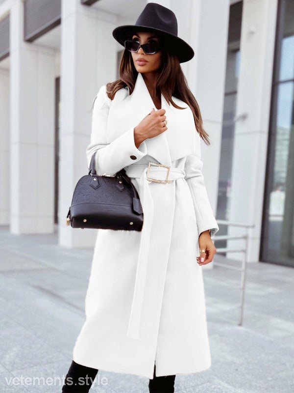 Elegant white belted coat featuring long sleeve button Woolen fabric from ELEGANT BUTTON COAT