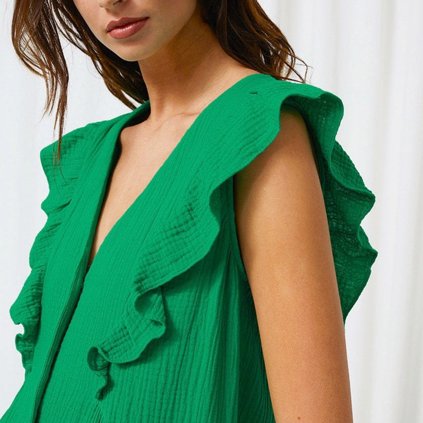 Green ruffled dress from Summer French Pajamas made of natural comfortable cotton
