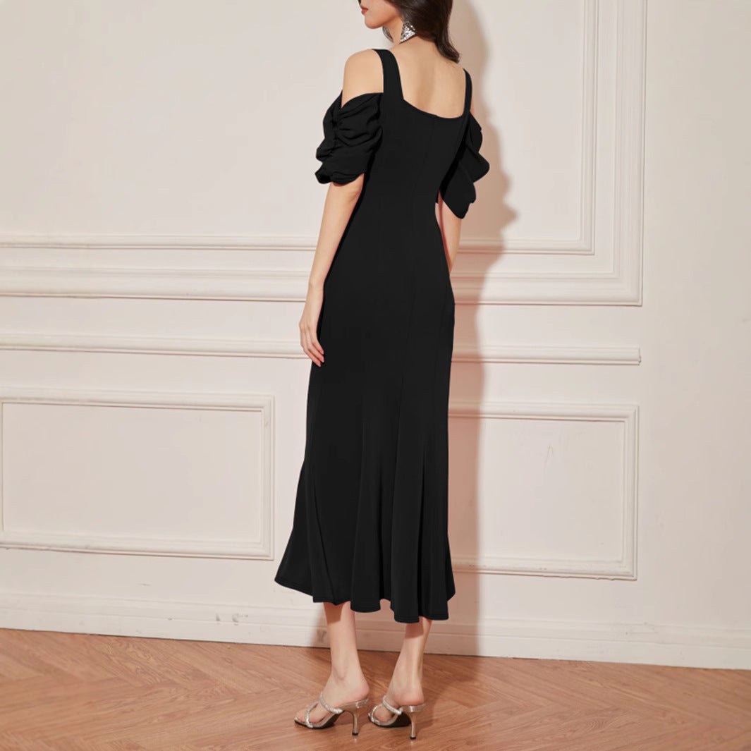 Black off-the-shoulder midi dress for a stunning backless slit fashion look ملابس