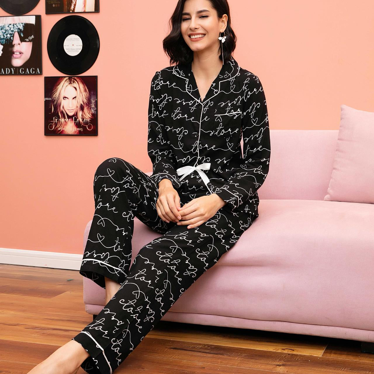 Langry fashion black and white script print pajama set with drawstring waistband