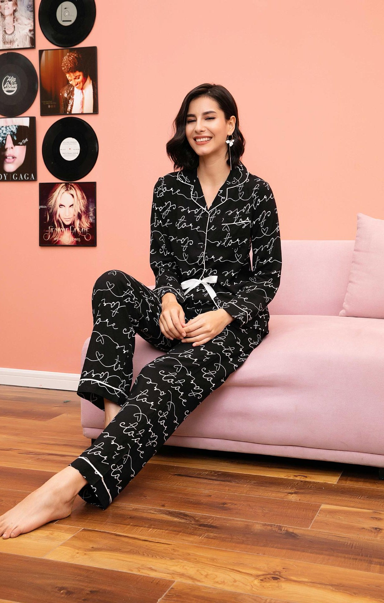 Langry fashion black and white script print pajama set with drawstring waistband