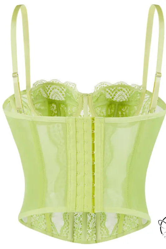 Lime green lace-trimmed langry fashion camisole top with adjustable straps and front zipper