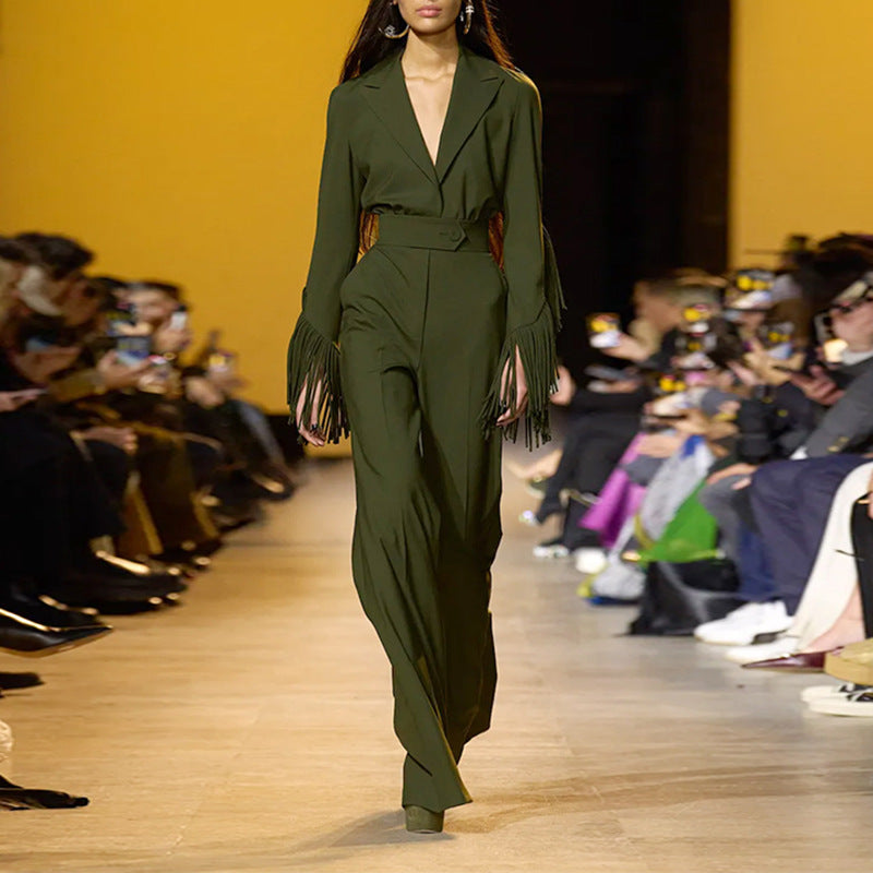 Olive green long sleeve fringe-sleeved jumpsuit for casual office summer wear