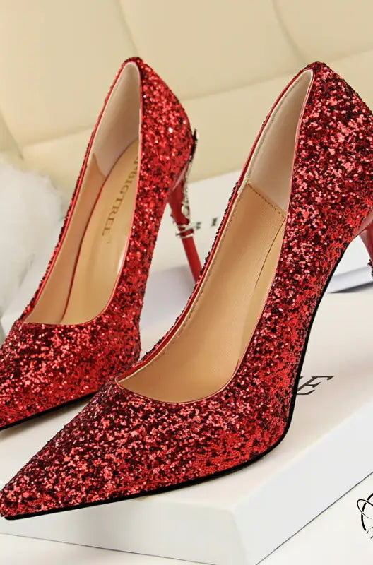 Elegant langry red glitter fashion stiletto heel pumps with pointed toes and ankle strap