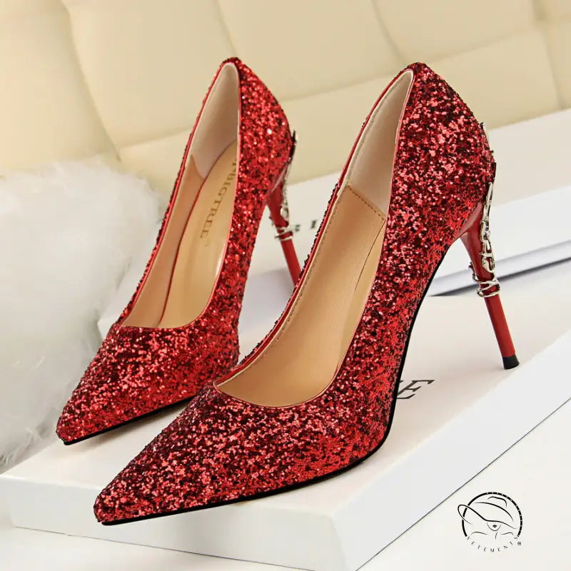 Elegant langry red glitter fashion stiletto heel pumps with pointed toes and ankle strap