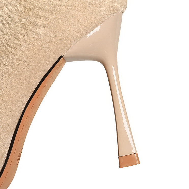 Langry beige suede high heel with glossy patent trim, belt buckle, side zipper, fashion shoe