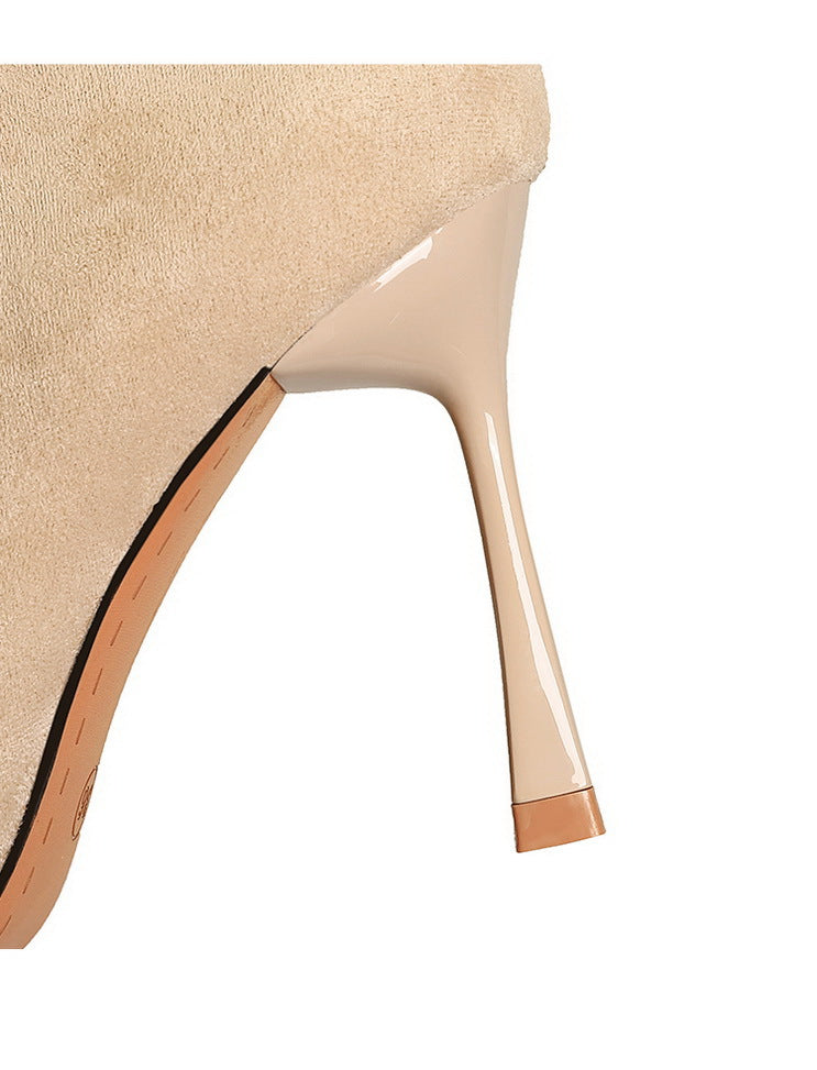 Langry beige suede high heel with glossy patent trim, belt buckle, side zipper, fashion shoe