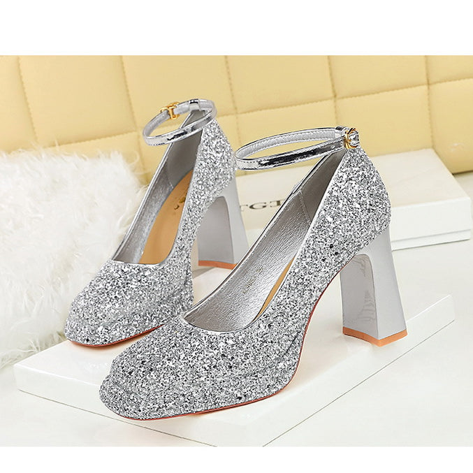 Waterproof Low Cut Square Toe Sequ Ankle Strap Shoes