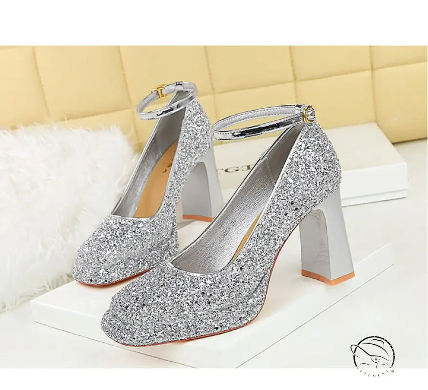 Waterproof Low Cut Square Toe Sequ Ankle Strap Shoes