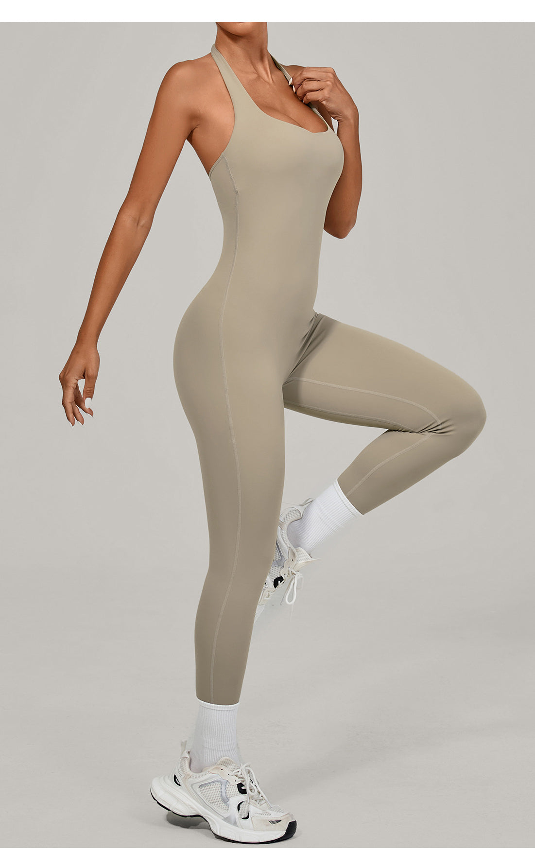 Langry beige halter yoga jumpsuit in seamless athletic fashion ملابس