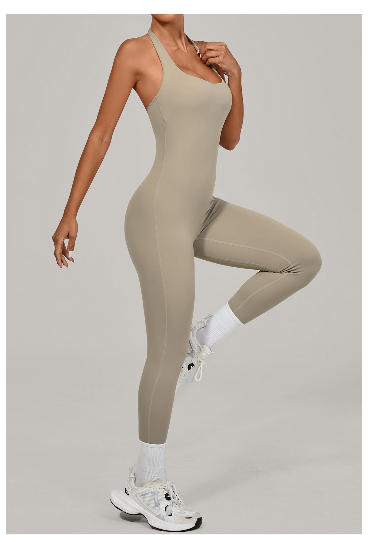 Langry beige halter yoga jumpsuit in seamless athletic fashion ملابس