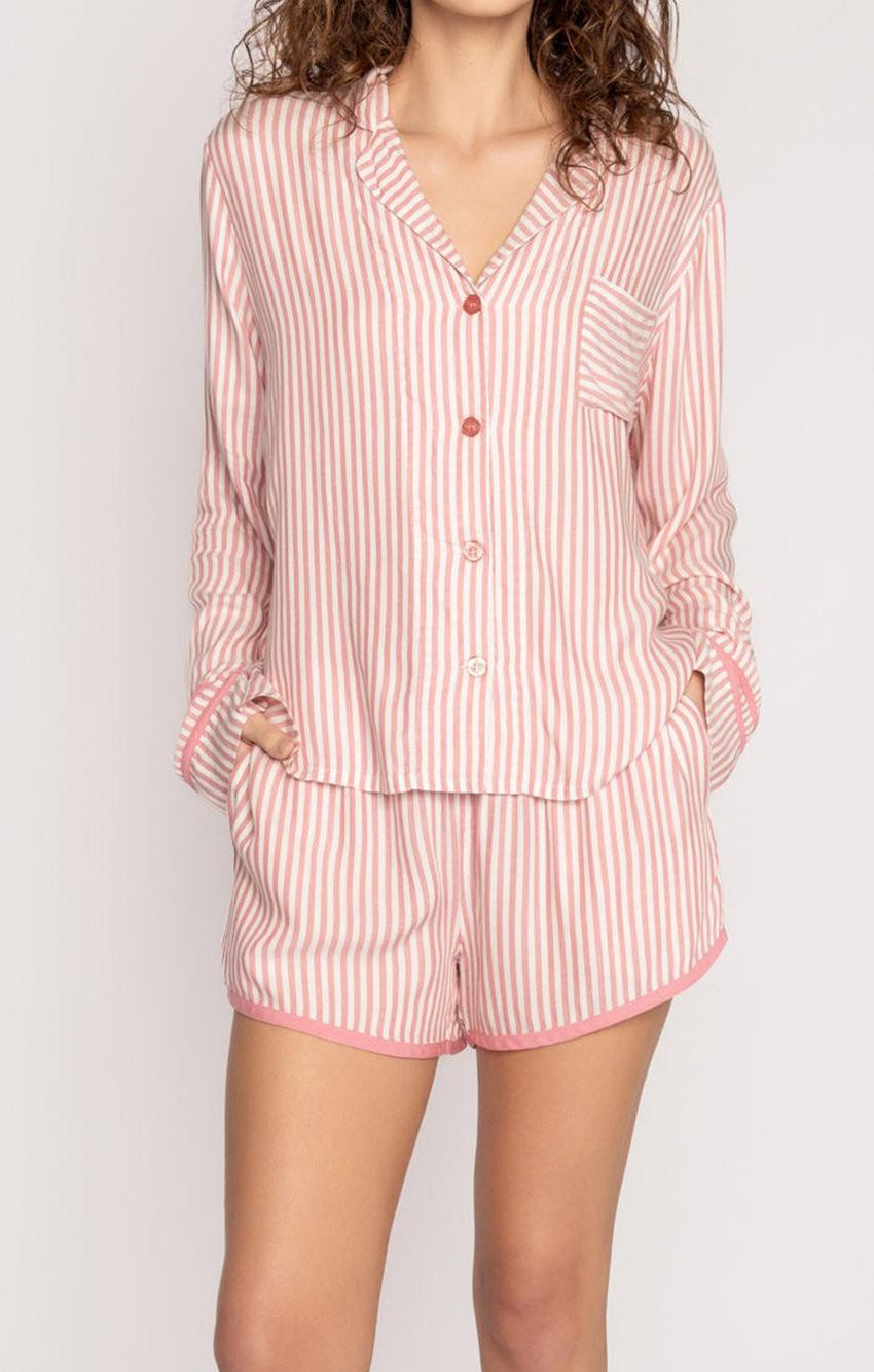 Pink and white striped langry cotton pajama set for women