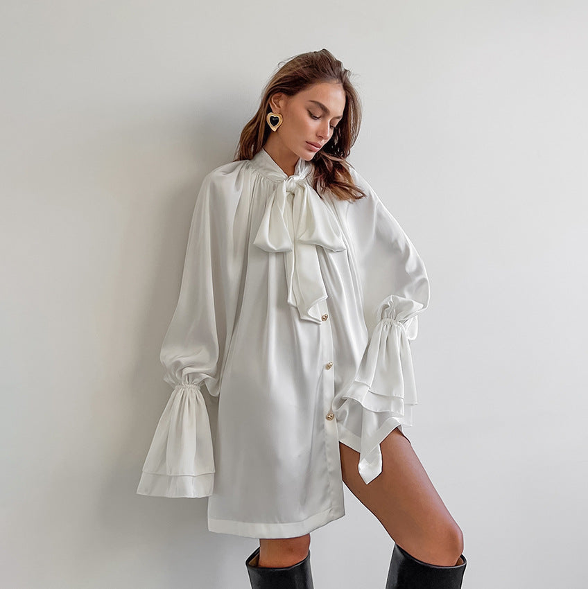 White oversized bow-tie blouse dress with bell sleeves in Elegant Thick Matte Satin Dress