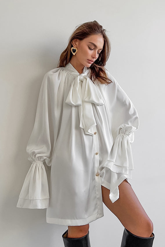 White oversized bow-tie blouse dress with bell sleeves in Elegant Thick Matte Satin Dress
