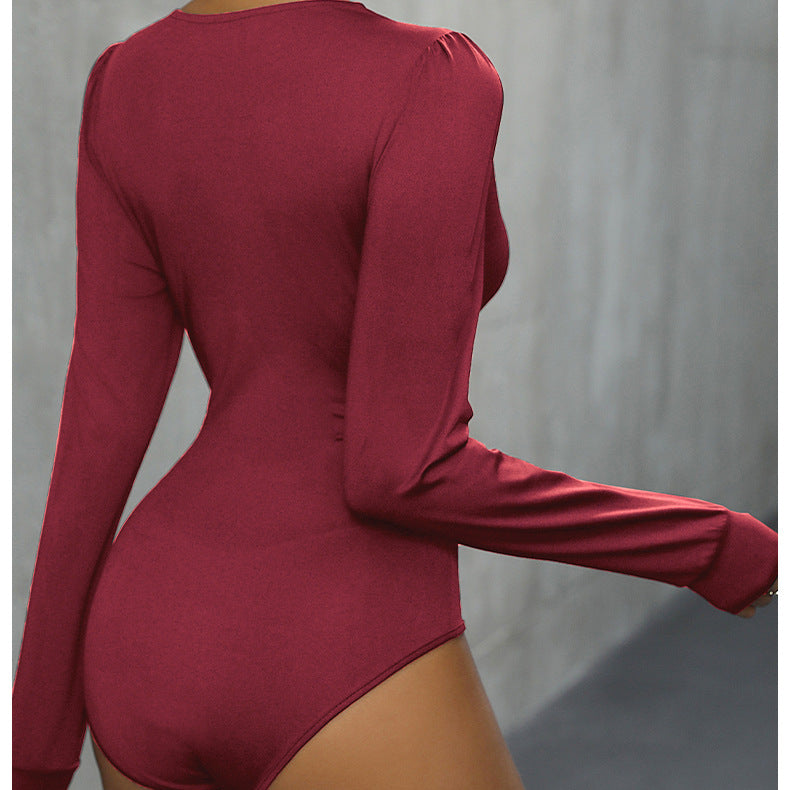 Deep red long sleeve women’s bodysuit with sweetheart neckline from Fall Women Clothing fashion
