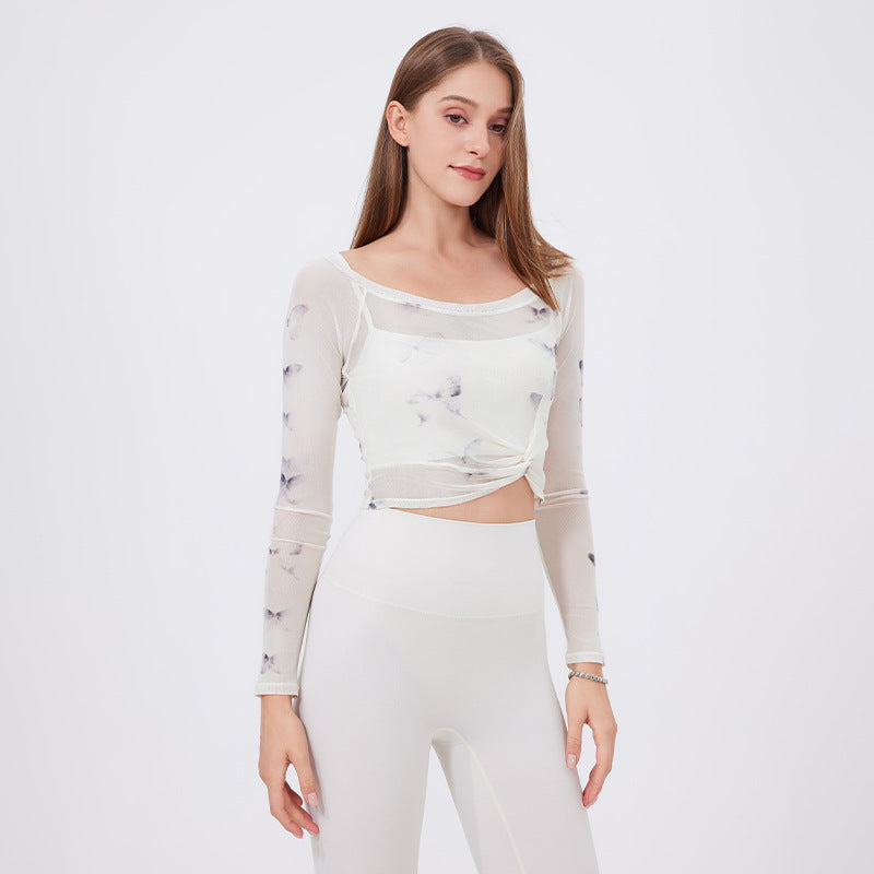 Floral Butterfly Faux Two Piece Sports t Shirt Women Long Sleeve with Chest Pad Yoga Clothes Mesh Top Quick Drying
