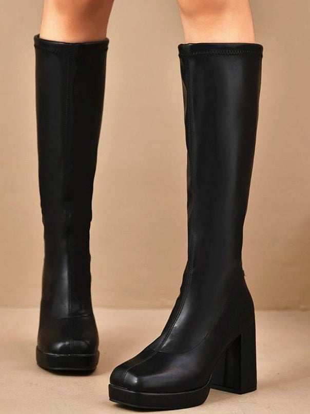 Leather Slimming Chunky Heel Below the Knee Knight Boots