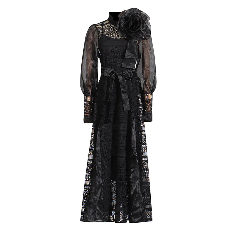 Elegant black lace gown showcasing lantern sleeve design in women’s fashion dress