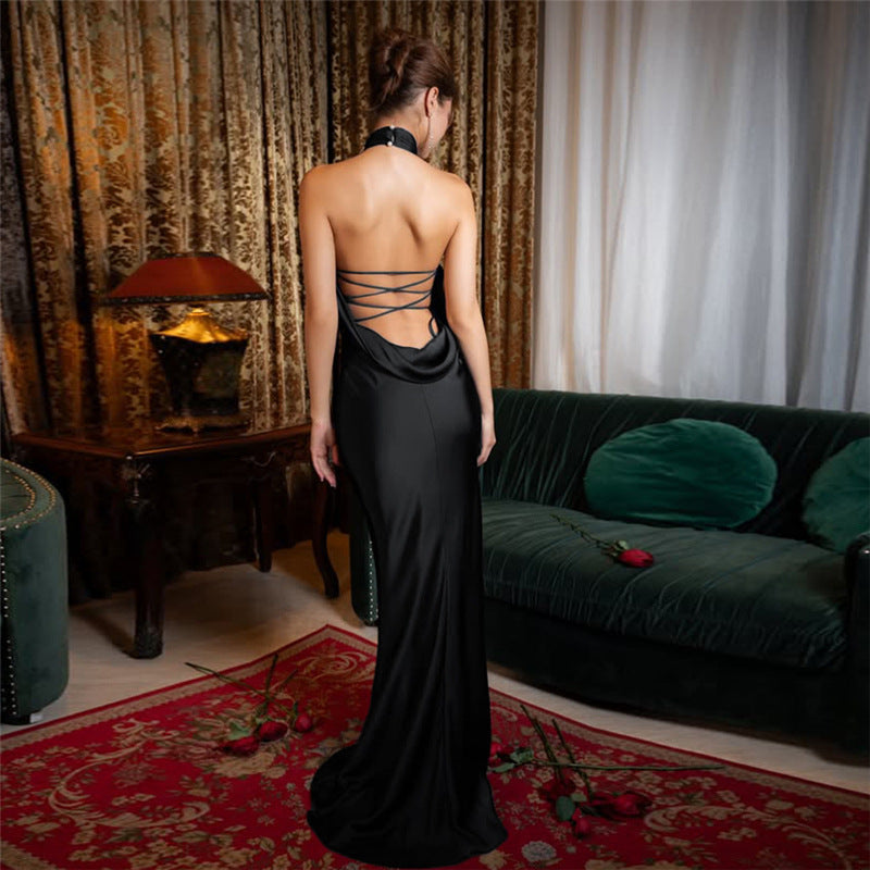 Backless black gown in Elegant French Evening Dress, a stylish choice for fashion enthusiasts