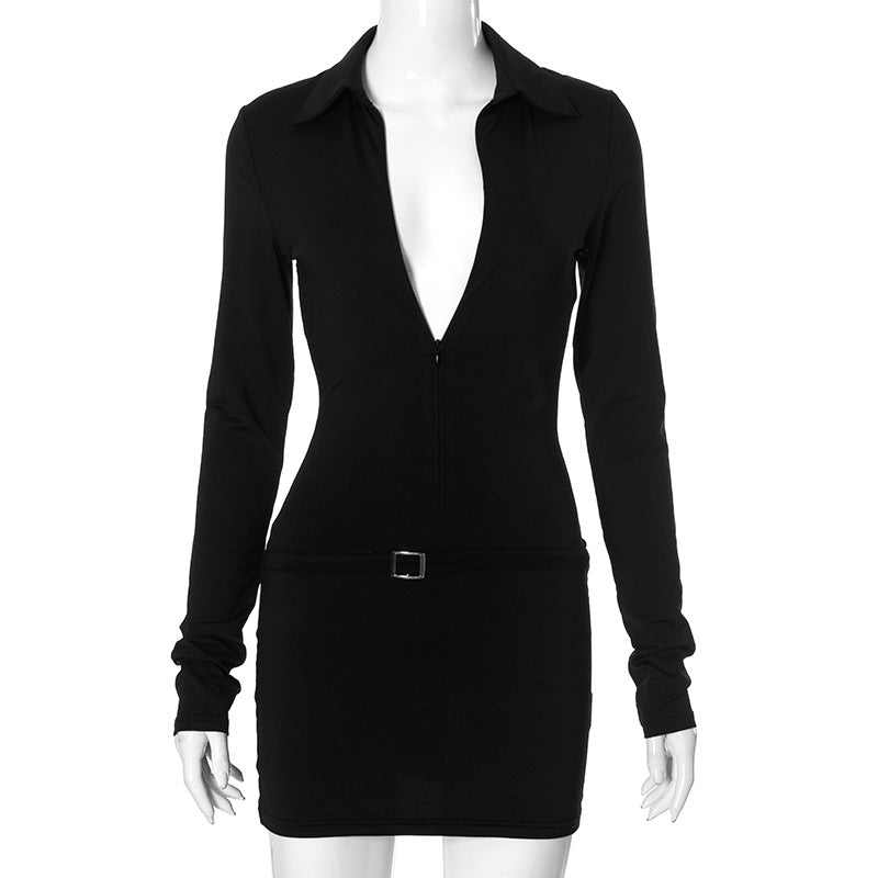 Elegant Black Short Dress featuring long sleeves, collar, and belt for stylish fashion