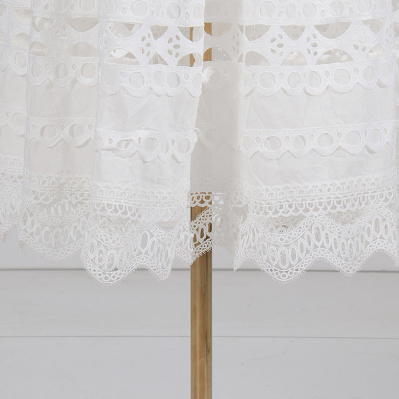 White lace curtains showcasing elegant fashion with a stand collar design