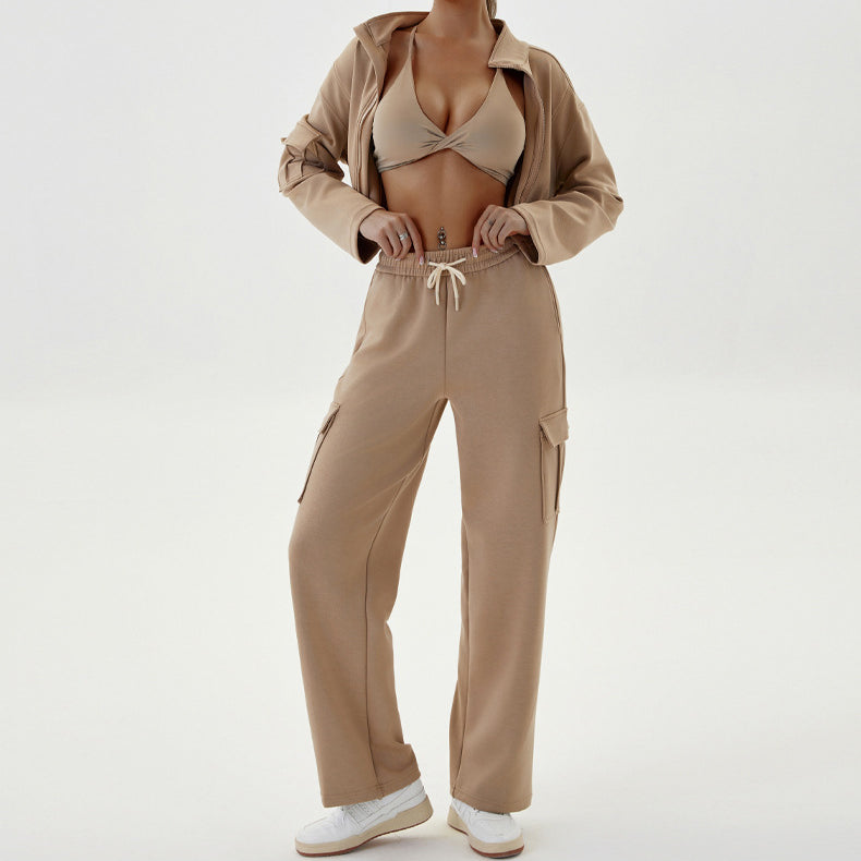 Tan athleisure outfit for women showcasing autumn winter sportswear casual fashion ملابس