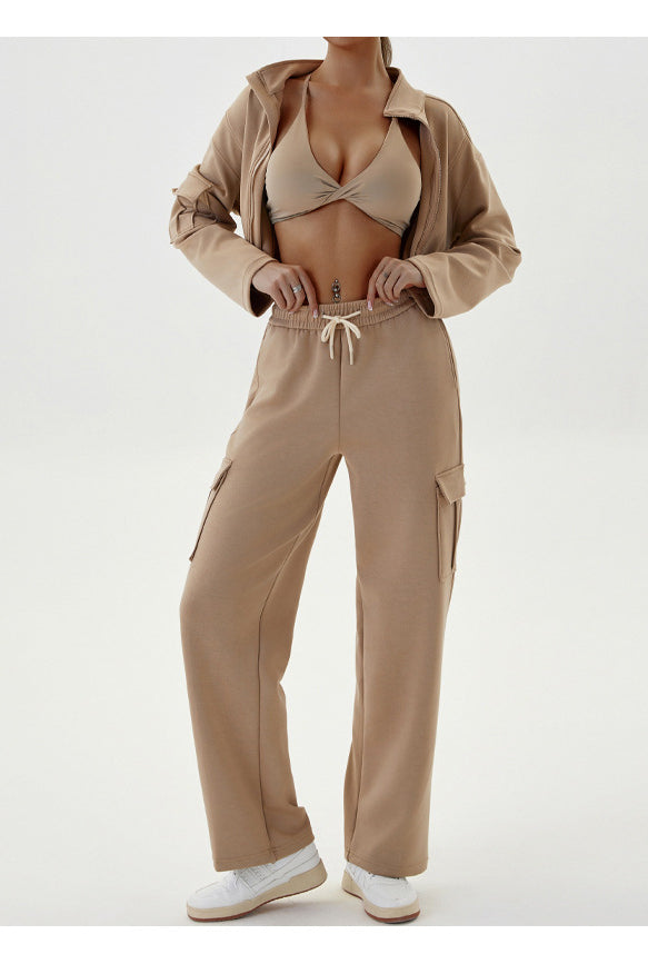 Tan athleisure outfit for women showcasing autumn winter sportswear casual fashion ملابس