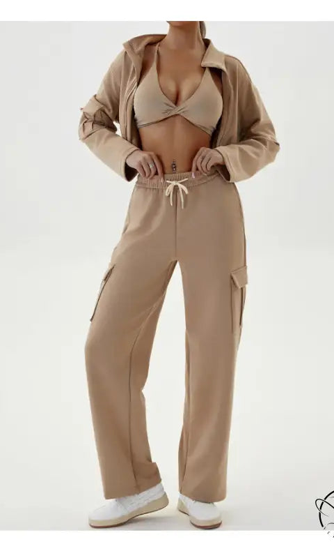 Tan athleisure outfit in winter workwear casual sports sets