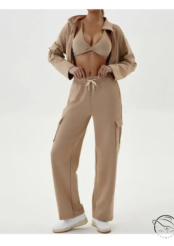 Tan athleisure outfit in winter workwear casual sports sets