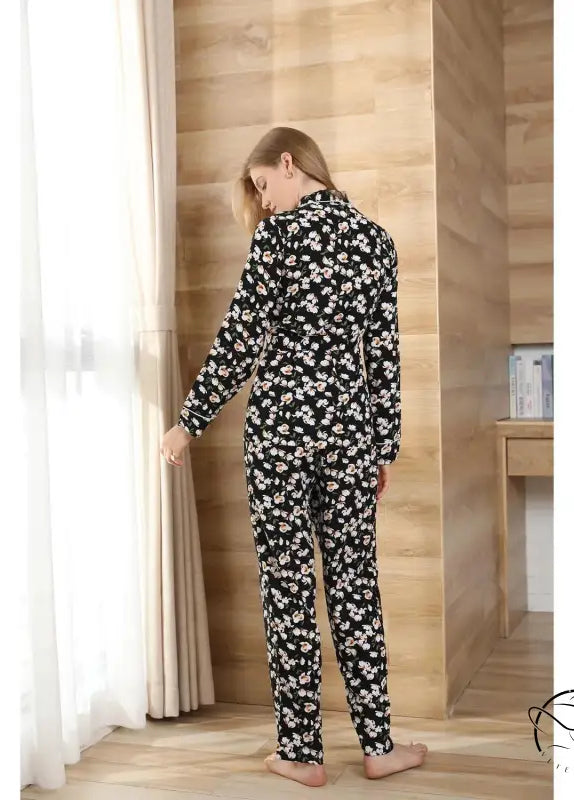 Black langry fashion pajama set with floral print, long sleeves and pants