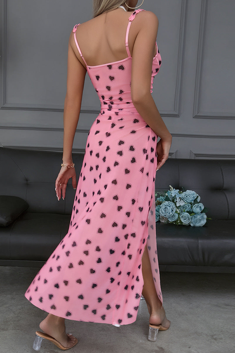 Home Suspender Pink Black High Slit t Back Two Piece Set