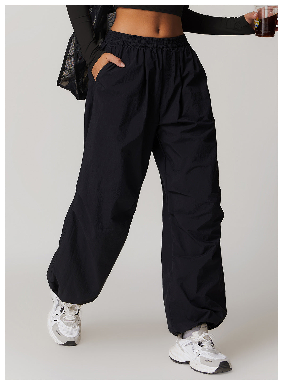 Black baggy elastic-waisted Casual Sports Pants for running and fitness fashion ملابس