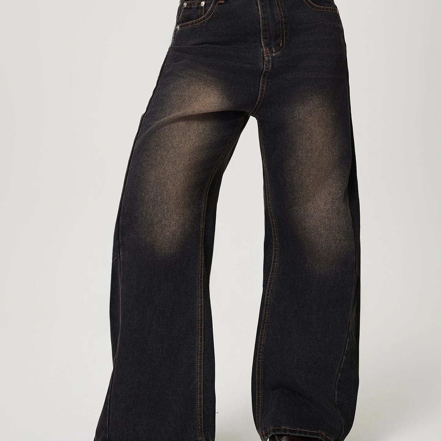 Wide-leg black denim jeans with faded detailing for trendy fashion ملابس by Langry