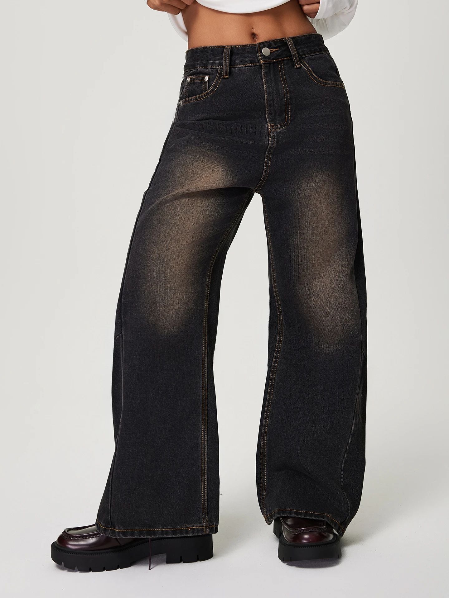 Wide-leg black denim jeans with faded detailing for trendy fashion ملابس by Langry