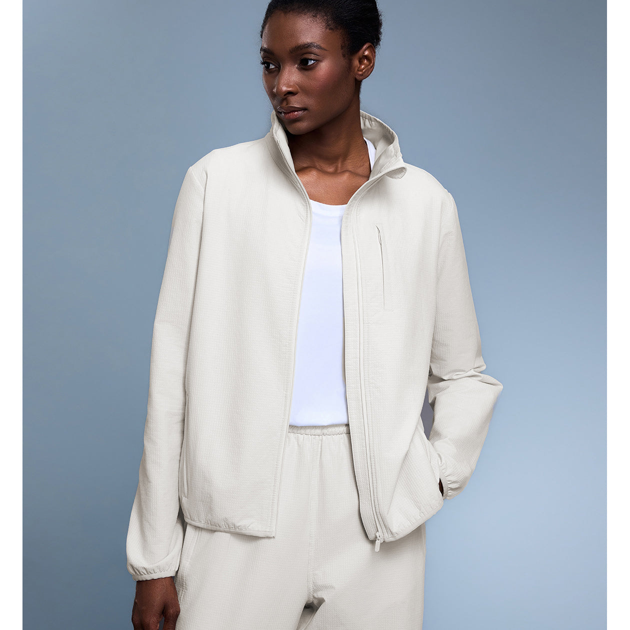 Langry fashion white zip-up waterproof sports thermal coat with drawstring hem