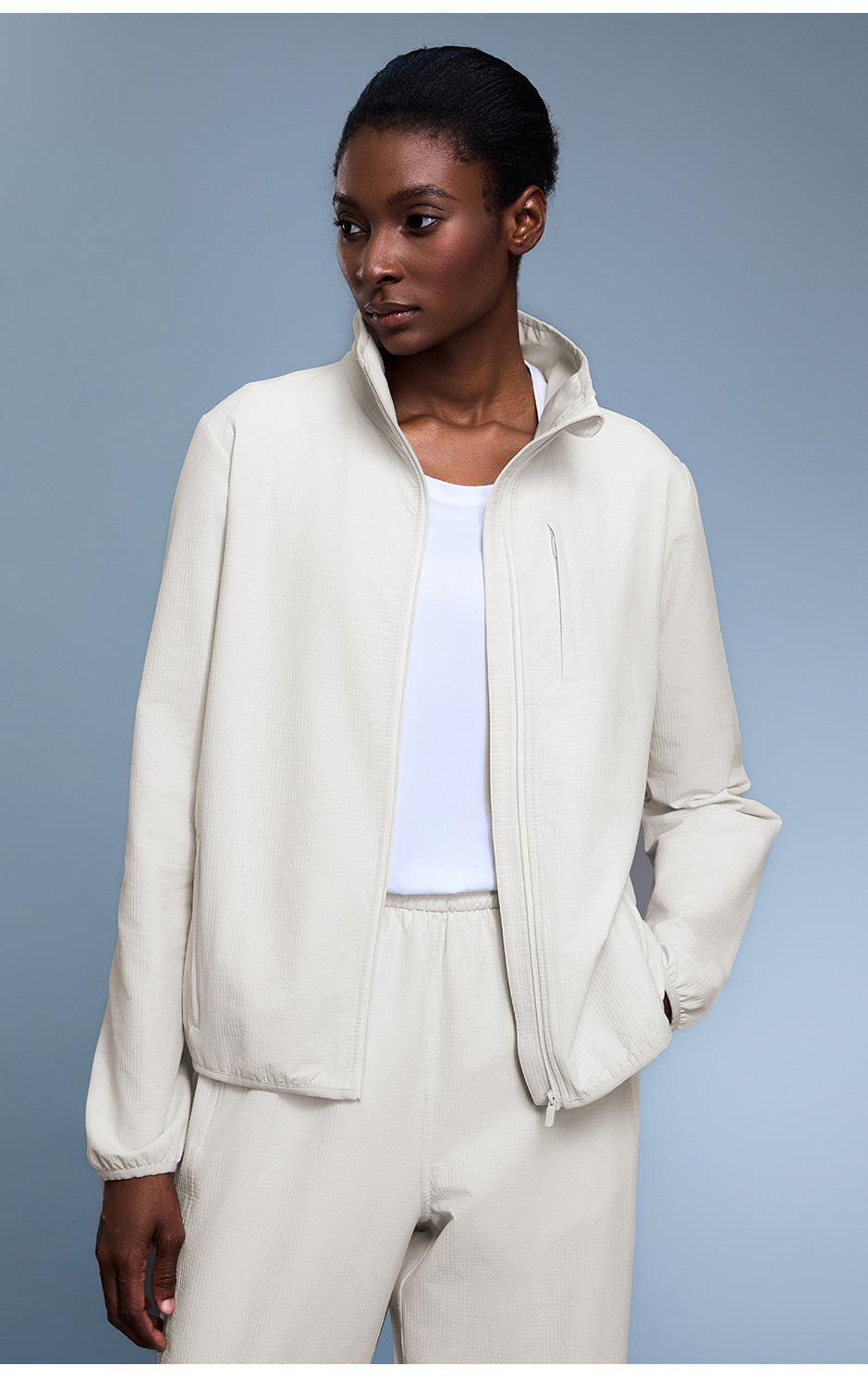 Langry fashion white zip-up waterproof sports thermal coat with drawstring hem