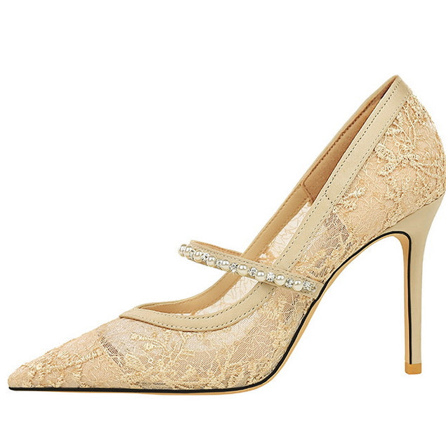 Langry fashion mesh rhinestone pearl strap stiletto high heels with gold lace, crystal accents, and pointed toe