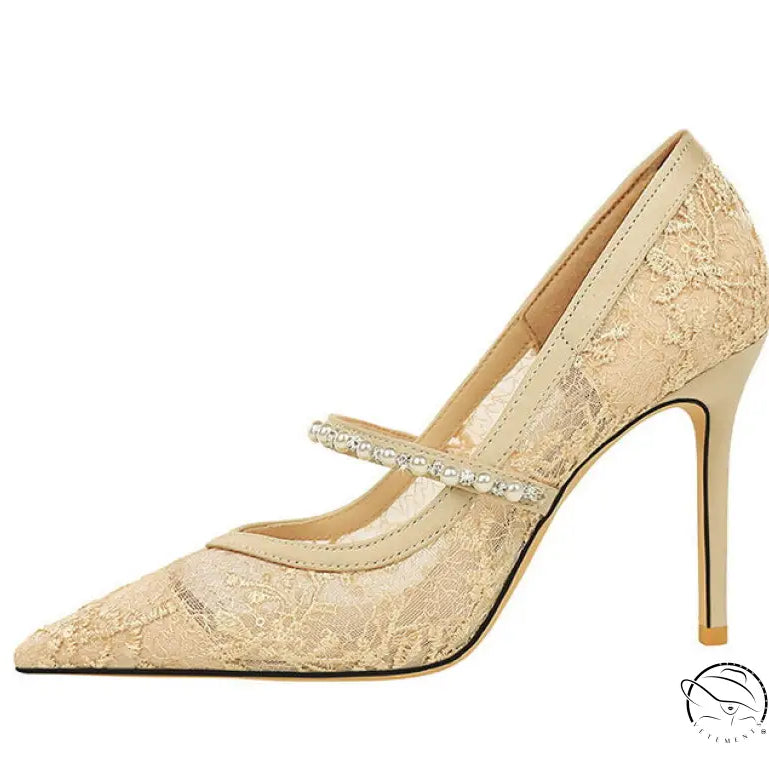 Langry fashion mesh rhinestone pearl strap stiletto high heels with gold lace, crystal accents, pointed toe