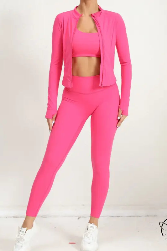 Neon pink three piece yoga clothes suit with zippered jacket and leggings