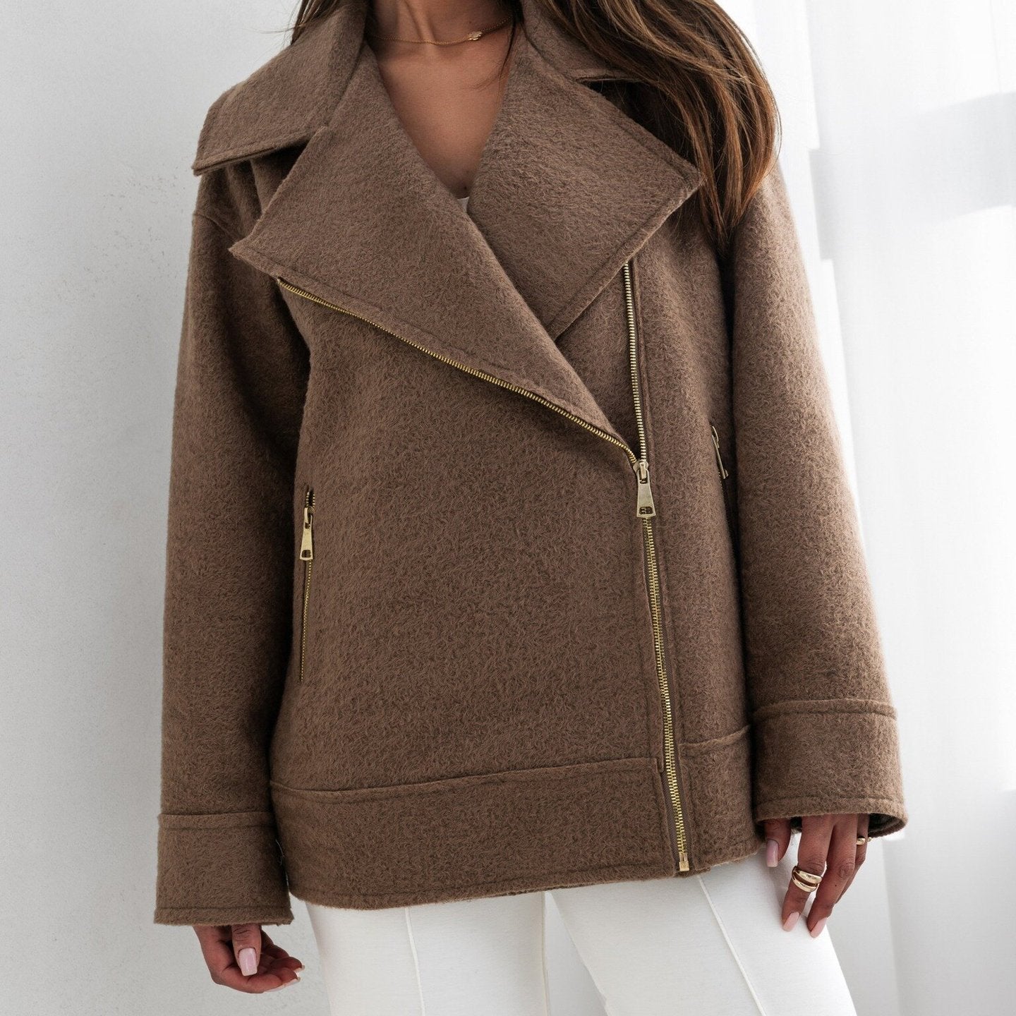 Brown wool-blend moto jacket from Langry, showcasing stylish and warm ملابس options